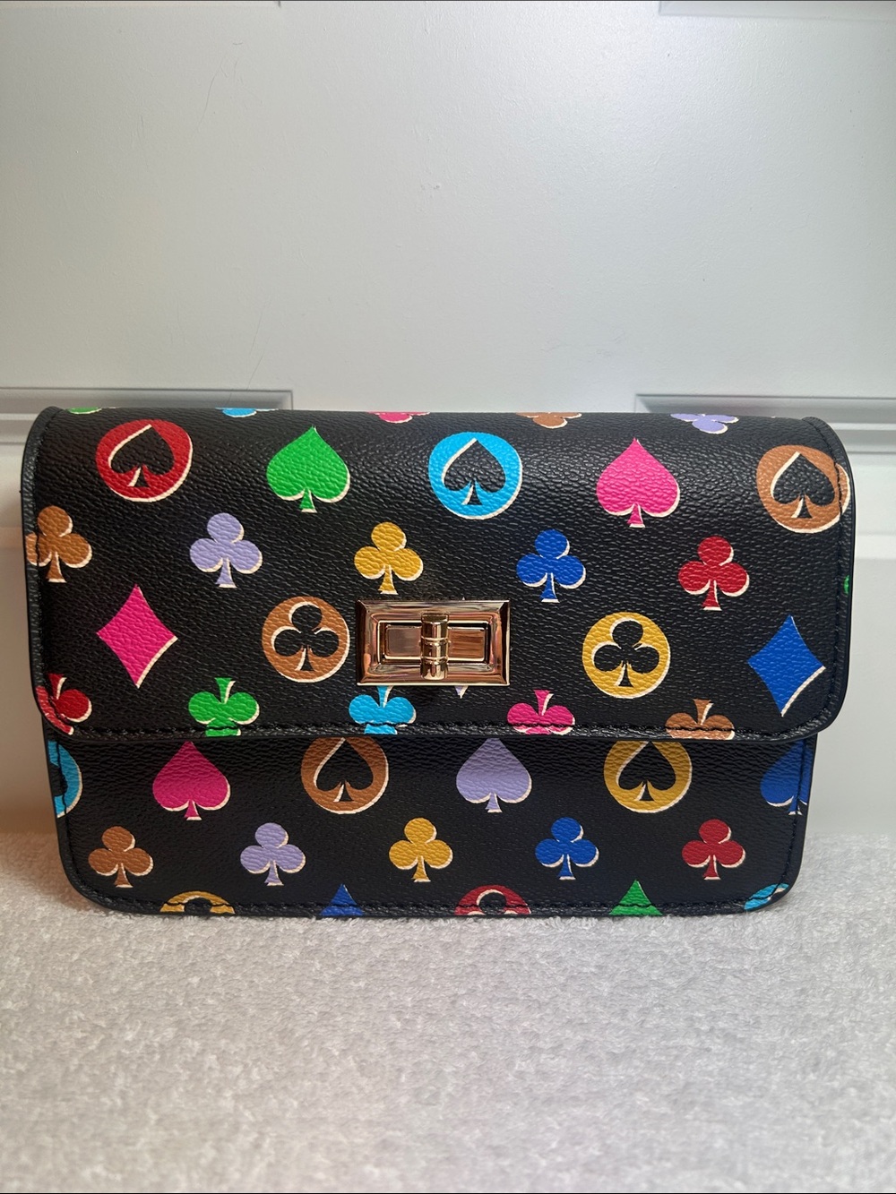 Black Multicolor Card Suit Print Crossbody Bag